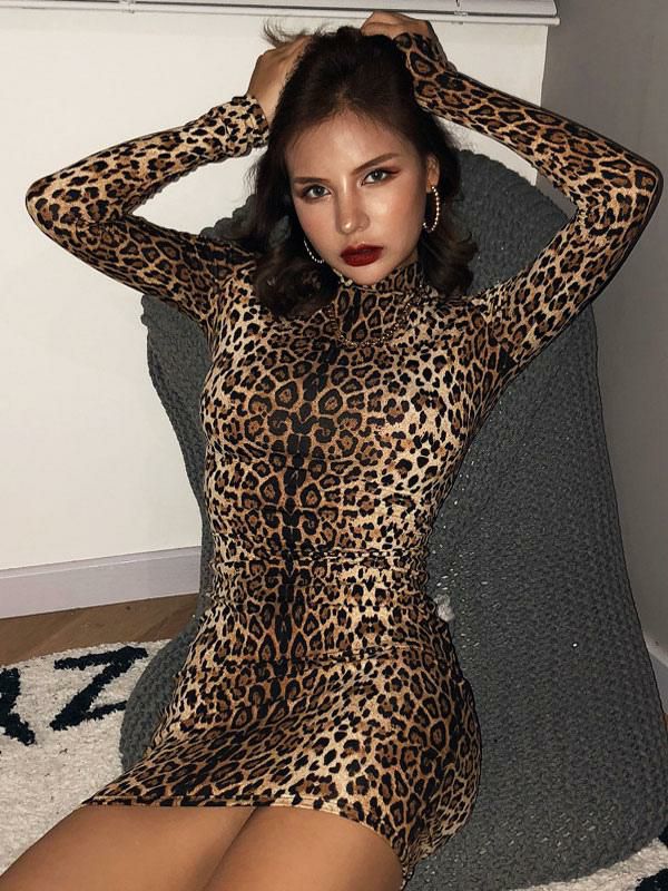 Clubwear |   Sexy Bodycon Dresses Leopard Print High Collar Long Sleeves Mini Dress Clothing Clubwear