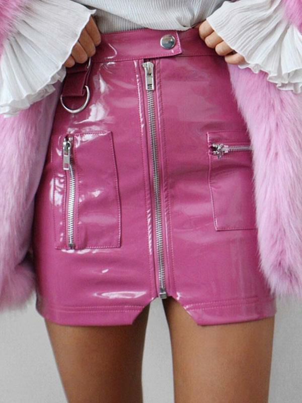 Clubwear |   Sexy Mini Skirt PU Leather Like Zipper Short Bodycon Skirt With Pockets Clothing Clubwear