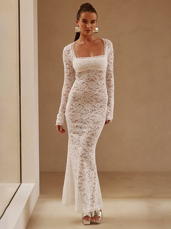 Clubwear |   Translucent Lace Dress Square Neck Long Sleeves Maxi Dresses Clothing Clubwear