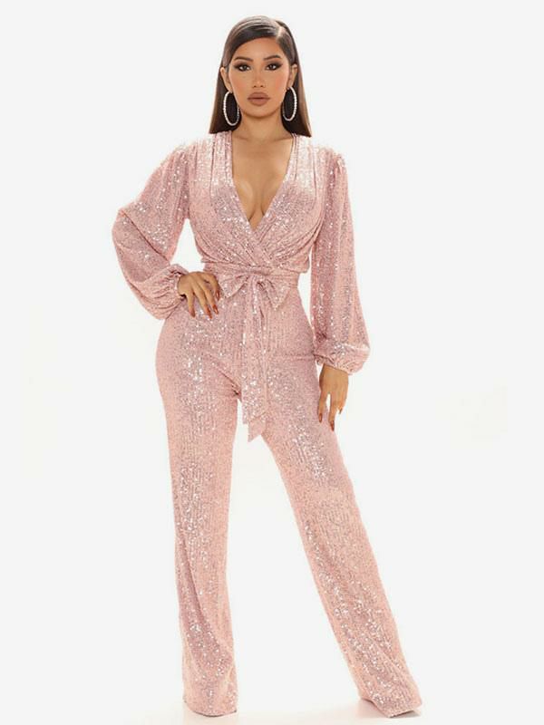 Clubwear |   Women Sequins Jumpsuits V-Neck Long Sleeves Belted Club Nightwear Clothing Clubwear