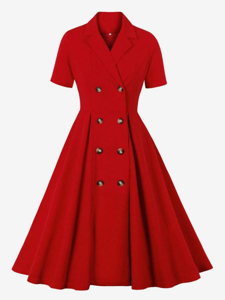 Dresses |   1950s Audrey Hepburn Style Retro Dress V-Neck Buttons Layered Short Sleeves Long Rockabilly Dress Clothing Dresses