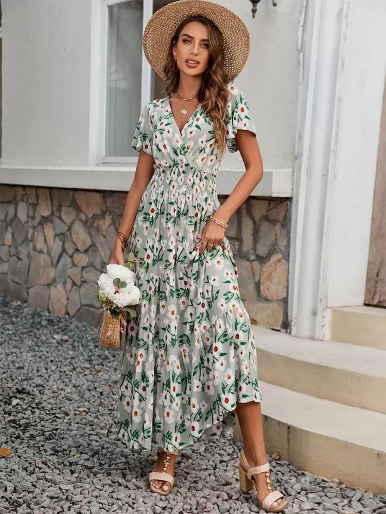 Dresses |   A-Line Dress Floral Tiered V-Neck Short Sleeves Elastic Waist Summer Maxi Dresses Clothing Dresses