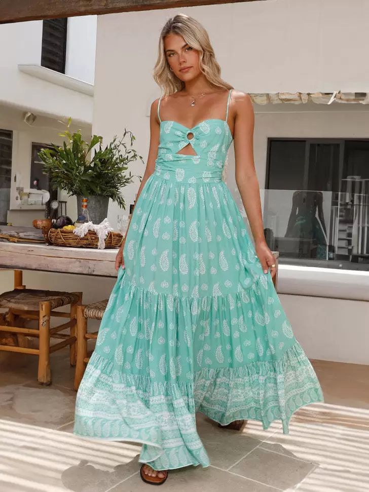 Dresses |   A-Line Dress Spaghetti Straps Cutout Tiered Resort Casual Summer Maxi Dresses Clothing Dresses