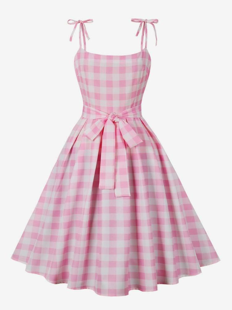 Dresses |   Barbie Pink Gingham Dress 1950s Audrey Hepburn Sleeveless Plaid Vintage Dress Clothing Dresses