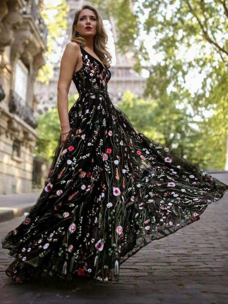 Dresses |   Black Maxi Dress V Neck Sleeveless Flower Embroidered Tulle Prom Dresses Clothing Dresses