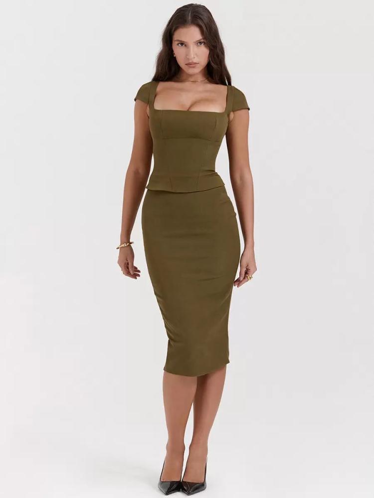 Dresses |   Bodycon Dresses Olive Square Neck Low-slit Chic Short Sleeves Pencil Dress Clothing Dresses