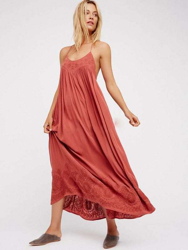 Dresses |   Boho Dress Straps Neck Sleeveless Coral Bohemian Gypsy Beach Vacation Summer Long Slip Dress For Women Clothing Dresses