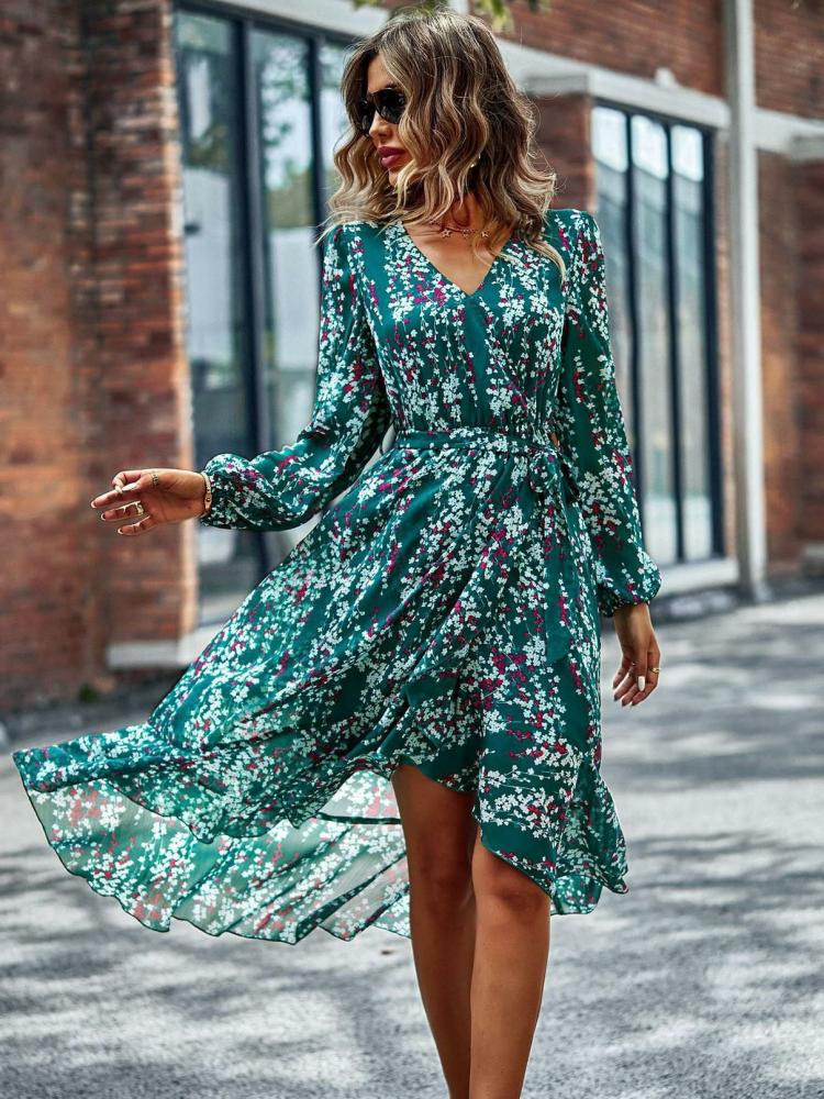 Dresses |   Boho Dress V-Neck Long Sleeves Floral Print Lace Up Beach Dress Clothing Dresses