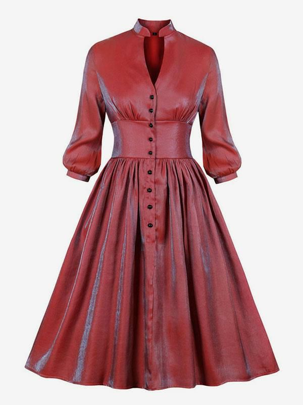 Dresses |   Christmas Retro Dress 1950s Audrey Hepburn Style Red Ombre Long Sleeves V Neck Rockabilly Dress Clothing Dresses