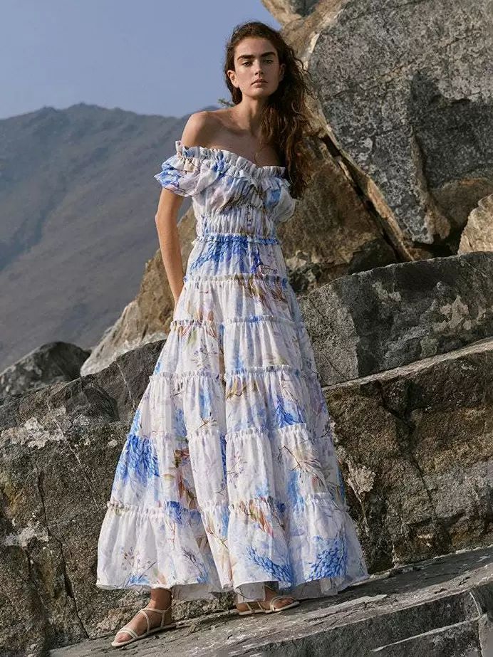 Dresses |   Floral Dress Tiered Ruffles Off The Shoulder Elegant Party Prom Maxi Dresses Clothing Dresses