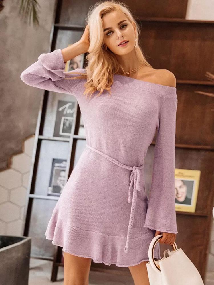 Dresses |   Knitted Dress For Women Beautiful Lace Up Bateau Neck Long Sleeves Polyester Oversized Clothing Dresses