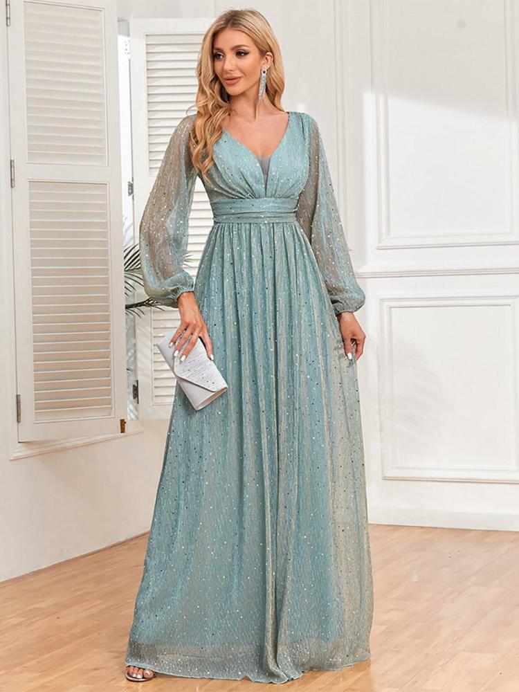 Dresses |   Maxi Sequins Dresses Pleated V-Neck Illusion Sleeves Prom Dress Clothing Dresses