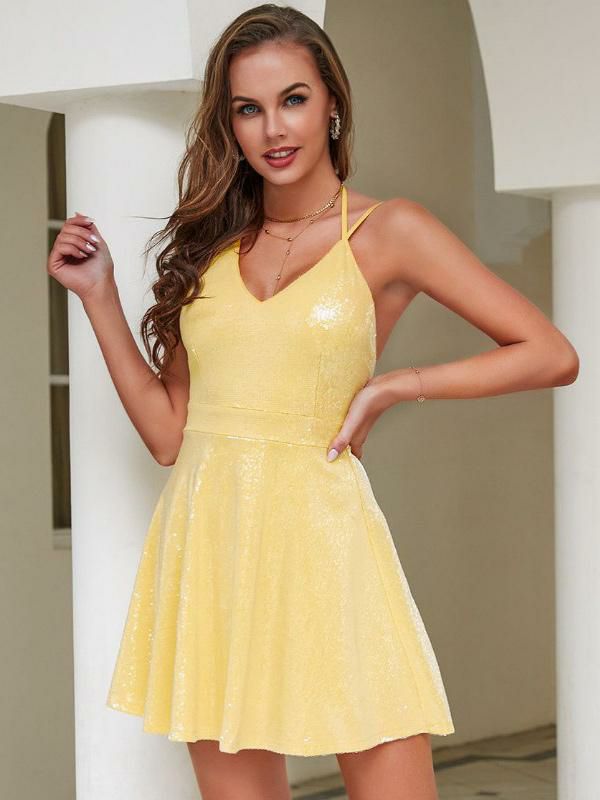 Dresses |   Pale Yellow Dresses V-Neck Halter Backless Lace-up Short Swing Dress Clothing Dresses