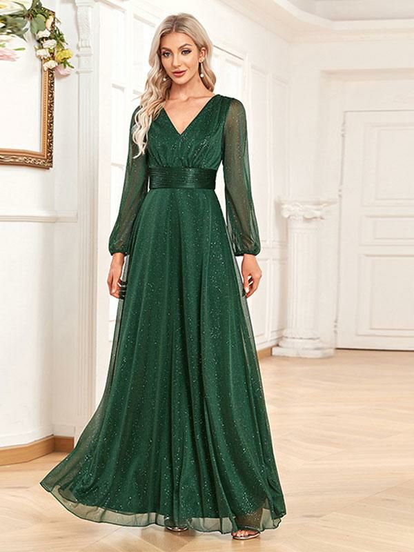 Dresses |   Party Dresses Dark Green V-Neck Long Sleeves Sheer Prom Maxi Dress Clothing Dresses