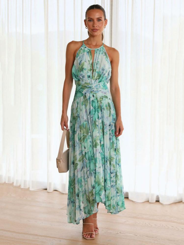 Dresses |   Print Maxi Dresses Floral Sleeveless Halter Elegant Layered Pleated Backless Long Summer Dresses Clothing Dresses