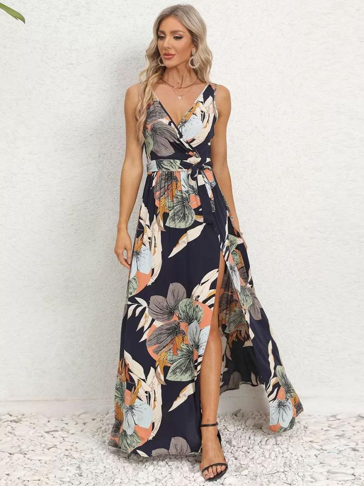 Dresses |   Printed Dress V-Neck Sleeveless Belted High Slit Resort Casual Maxi Dresses Clothing Dresses