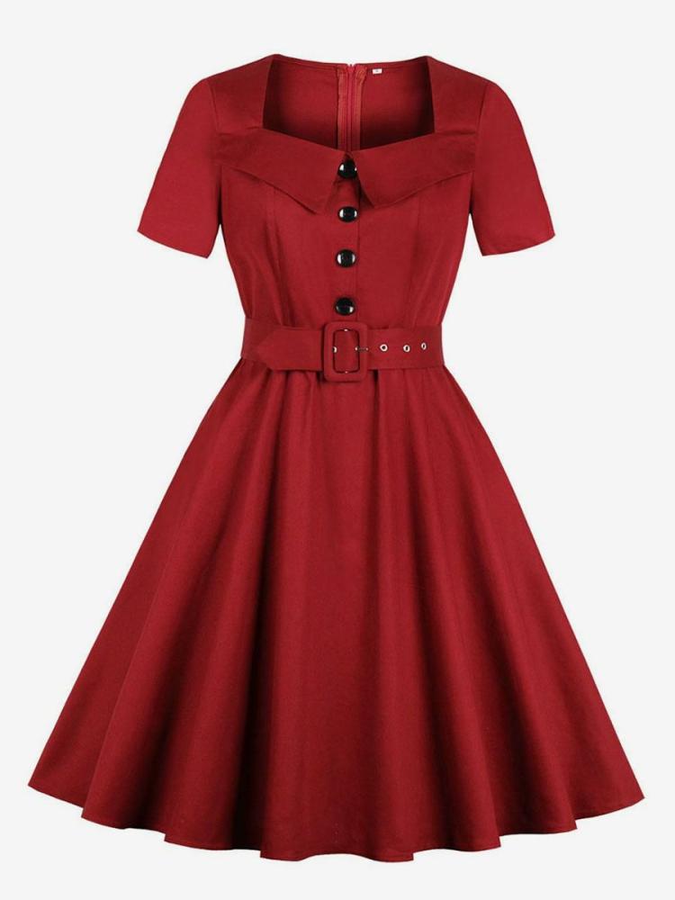 Dresses |   Red Vintage Dress 1950s Audrey Hepburn Style Square Neck Short Sleeve Buttons Retro Dress Clothing Dresses