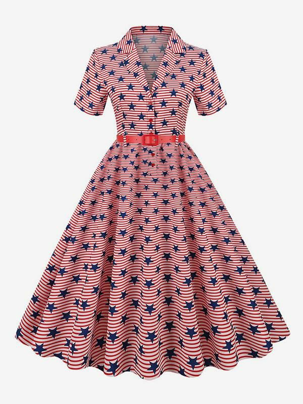 Dresses |   Retro Dress 1950s Audrey Hepburn Style V-Neck Sash Layered Short Sleeves Medium Flag Rockabilly Dress Clothing Dresses