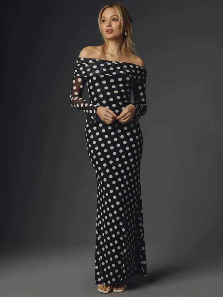 Dresses |   Sheath Dress Dots Printed Off The Shoulder Long Sleeves Sexy Party Maxi Dresses Clothing Dresses