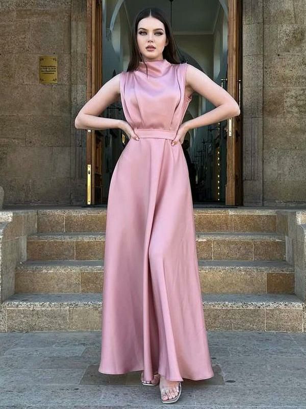 Dresses |   Sleeveless Dress Belted Pleated Prom Maxi Dresses In Solid Color Clothing Dresses