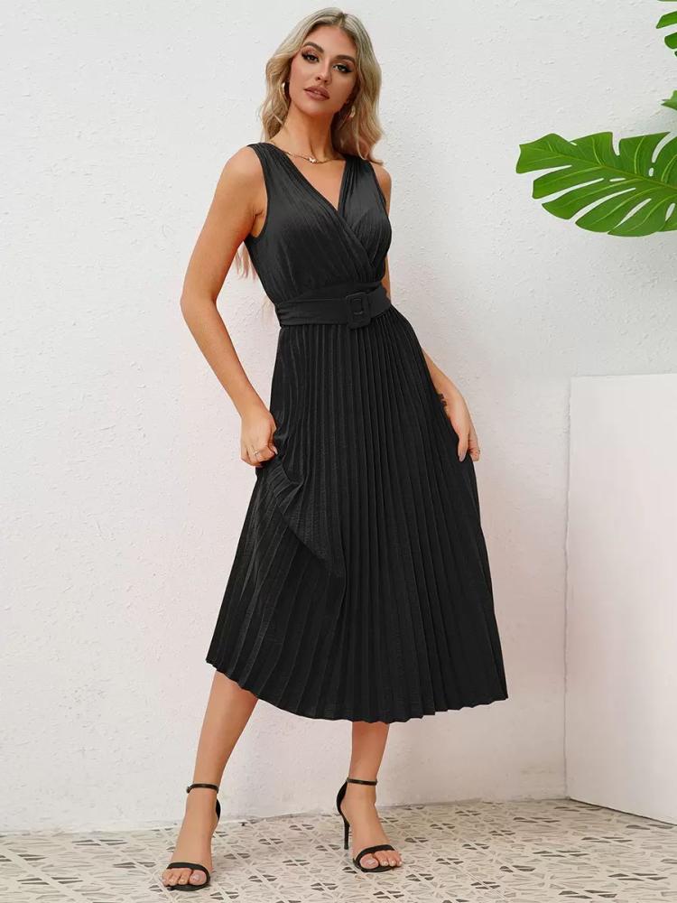 Dresses |   Sleeveless Party Dress V-Neck Accordion Belted Pleated Skirt Midi Dresses Clothing Dresses