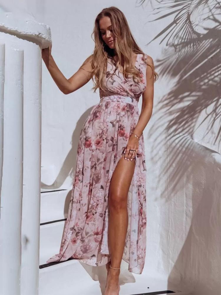 Dresses |   Sleeveless Summer Dress Floral Print V-Neck High Slit Maxi Dresses Clothing Dresses