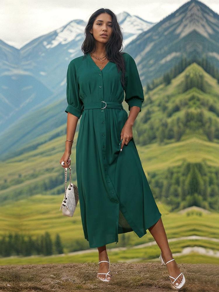 Dresses |   V-Neck Dress Buttons Belted Half Sleeves Day Casual Maxi Dresses Clothing Dresses