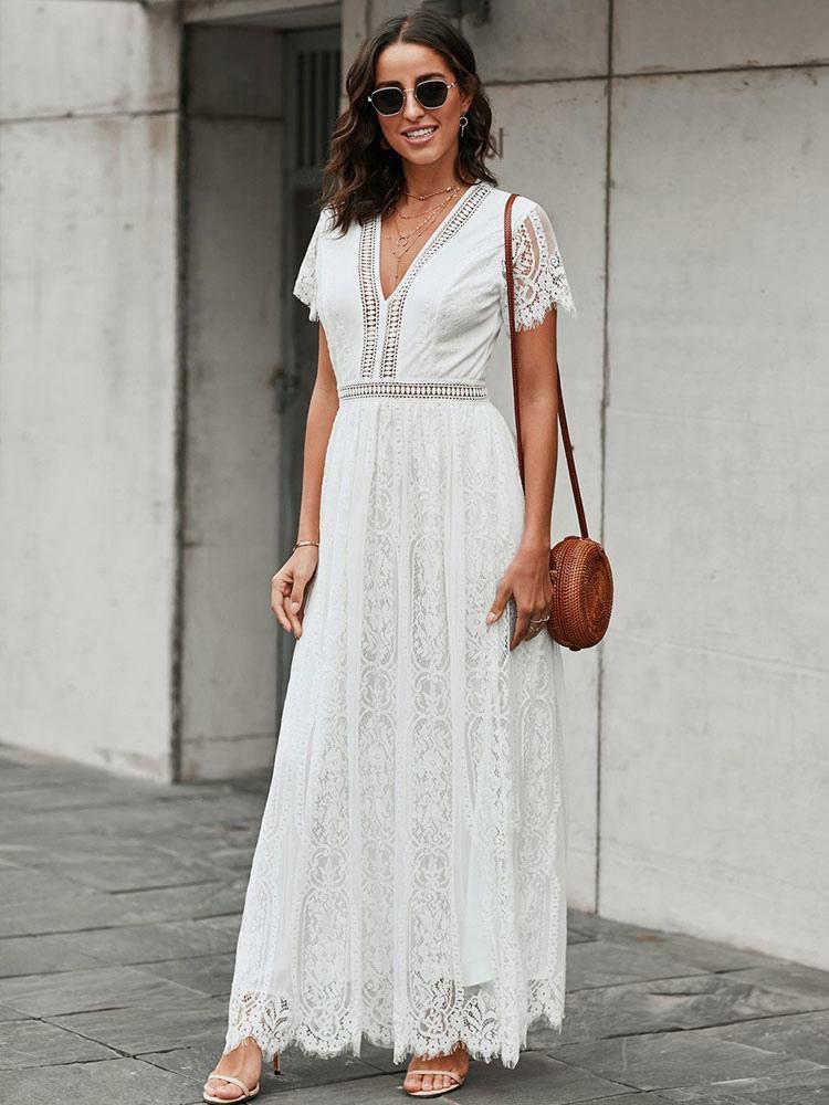 Dresses |   V-Neck Maxi Dress Hollow Short Sleeves Casual Summer Long Dresses Clothing Dresses