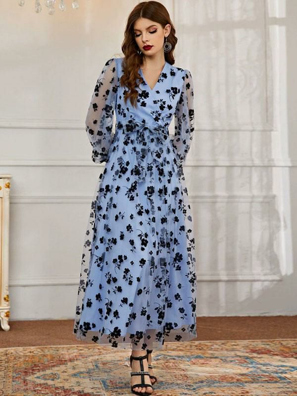 Dresses |   V-Neck Maxi Dress Long Sleeves Casual Floral Print Sheer Lace Long Dress Clothing Dresses