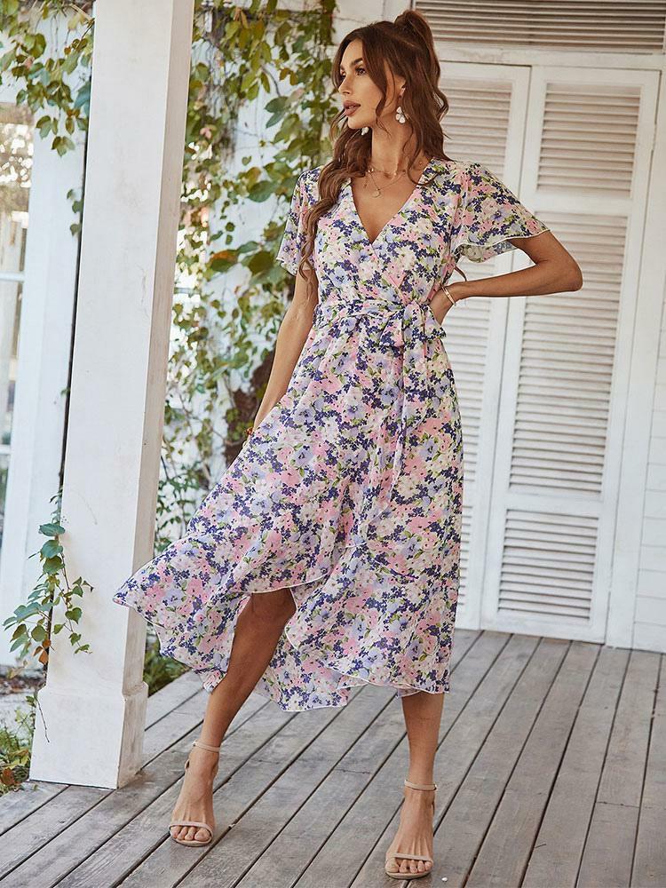 Dresses |   V-Neck Maxi Dress Short Sleeves Printed Floor Length Dress Clothing Dresses