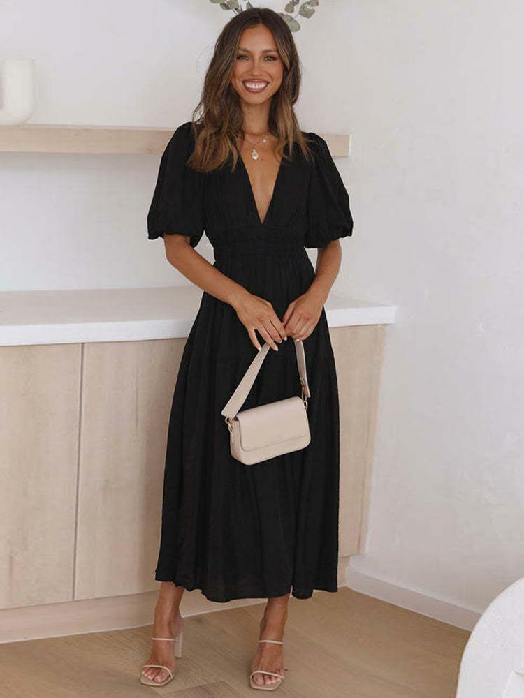 Dresses |   V-Neck Summer Dress Short Sleeves Elastic Waist A-Line Maxi Dresses Clothing Dresses