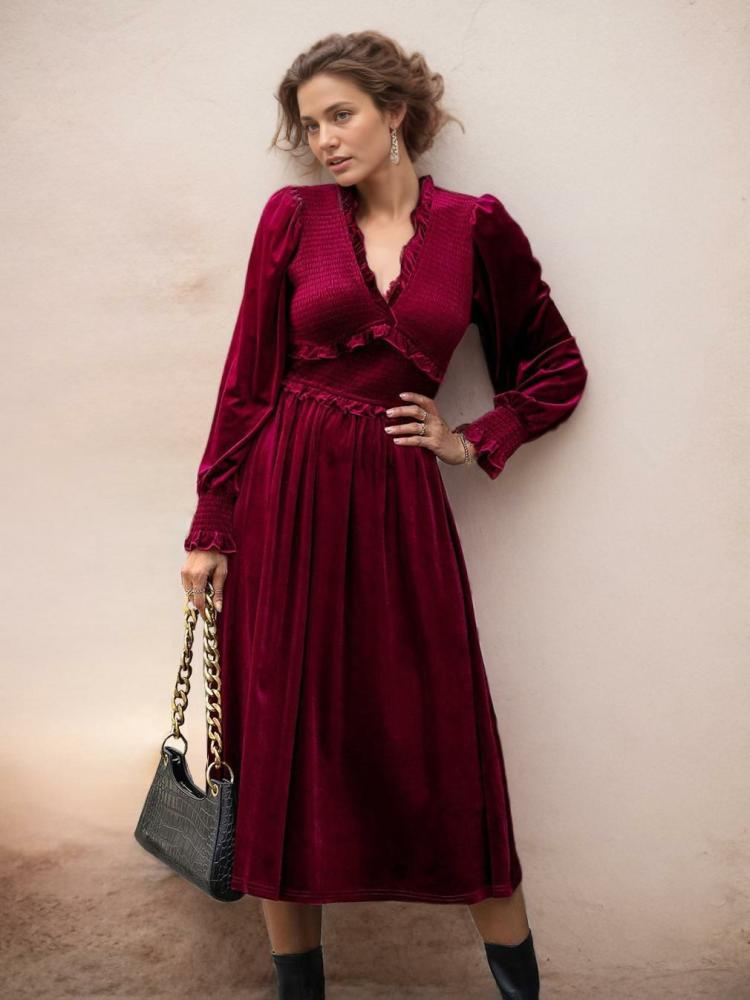 Dresses |   Velvet Dress V-Neck Long Sleeves Ruffles Trim A-Line Day Dresses Clothing Dresses