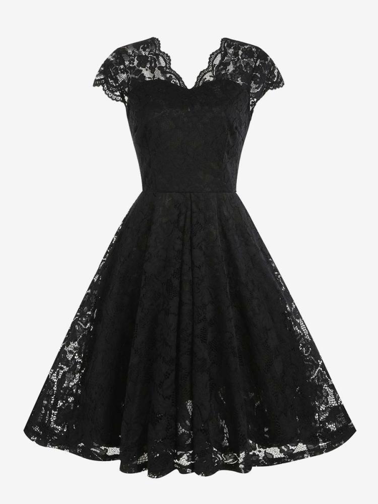 Dresses |   Vintage Dress 1950s Audrey Hepburn Style V-Neck Lace Sleeveless Medium Swing Dress Clothing Dresses