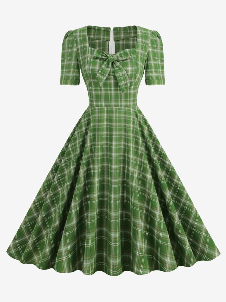 Dresses |   Vintage Dress Red Plaid 1950s Audrey Hepburn Style Bows Short Sleeves Sweetheart Neck Medium Swing Dress Clothing Dresses