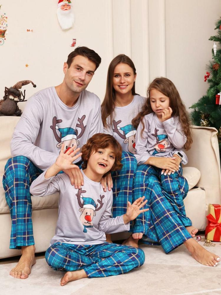 Home Wear |   Blue Family Sweater Round Neck Long Sleeves Christmas Pattern Pajamas Clothing Home Wear