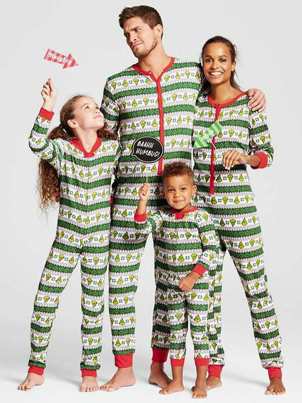 Home Wear |   Christmas Matching Family Pajamas Green Christmas Pattern Jumpsuit Clothing Home Wear