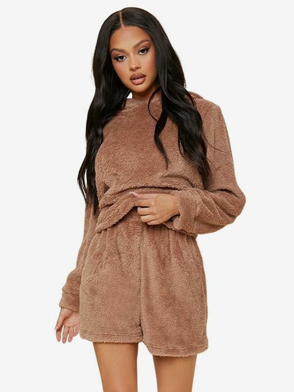 Home Wear |   Coffee Brown Lounge Wear Hooded Top Short Pants Pajama Clothing Home Wear