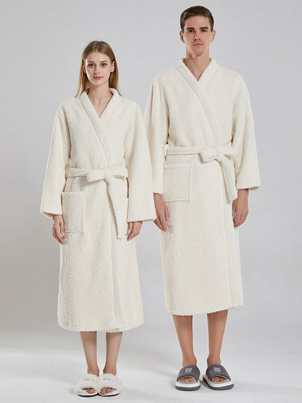 Home Wear |   Couple Bathrobe Long Sleeves Belted Pockets Solid Color Nightgown For Winter Clothing Home Wear