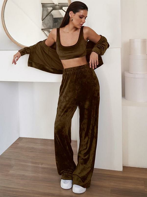 Home Wear |   Crop Vest Long Sleeves Zipper Coat And Slouchy Pants 3 Pieces Set Clothing Home Wear