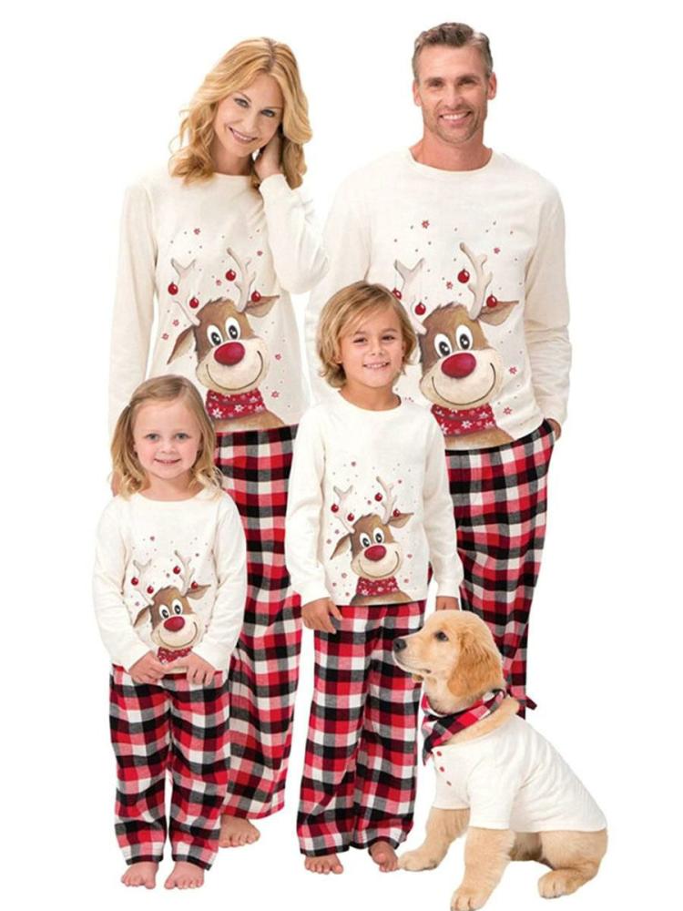 Home Wear |   Family Christmas Pajamas Floral Print Red Plaid Pants White Blouse 2-Piece Set Clothing Home Wear