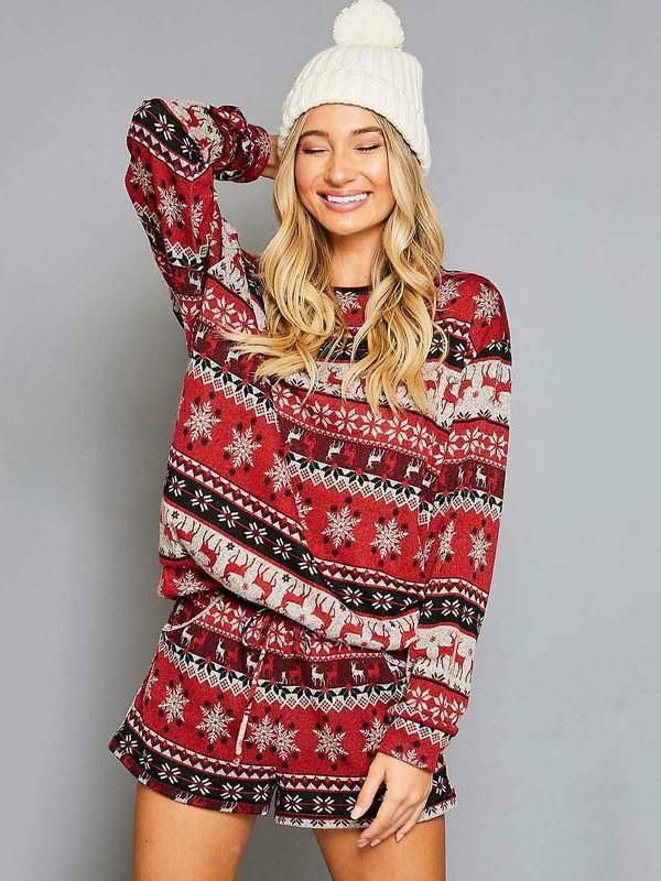 Home Wear |   Home Wear 2-Piece Jewel Neck Long Sleeves Christmas Pattern Casual Winter Warm Loungewear Clothing Home Wear