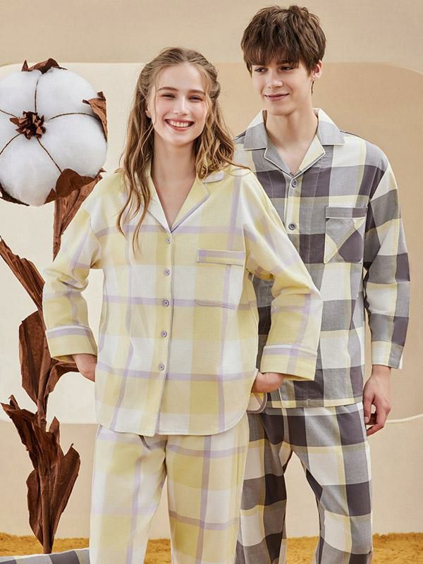 Home Wear |   Home Wear Turndown Collar Long Sleeves Plaid Cotton Lounge Clothing Home Wear