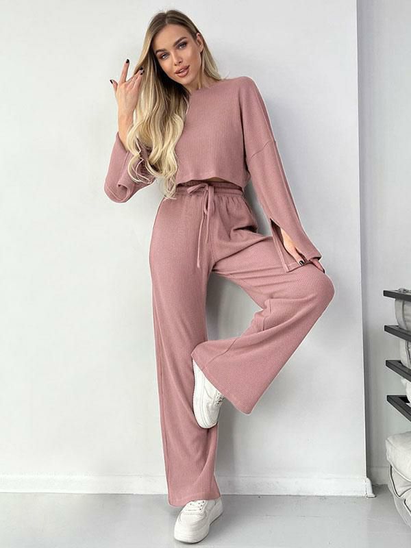 Home Wear |   Pink Loungewear Slit Long Sleeves Drop Shoulder 2 Pieces Set Home Wear Clothing Home Wear