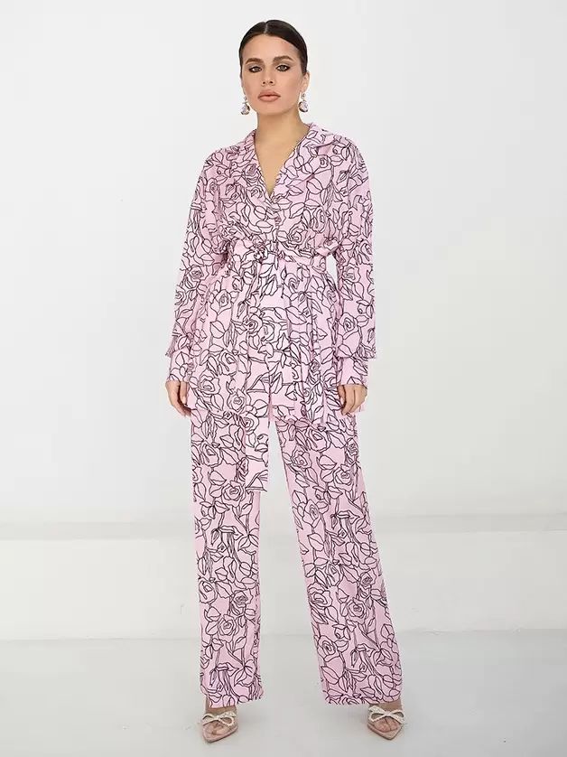 Home Wear |   Pink Painting Loungewear Lapel Belted Long Sleeves 2 Pieces Set Clothing Home Wear