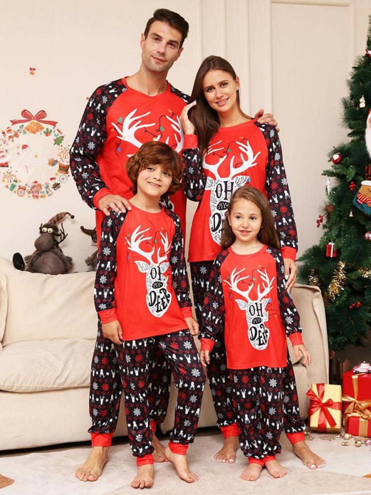 Home Wear |   Red Family Sweaters Round Neck Long Sleeves Christmas Pattern Pajamas Clothing Home Wear