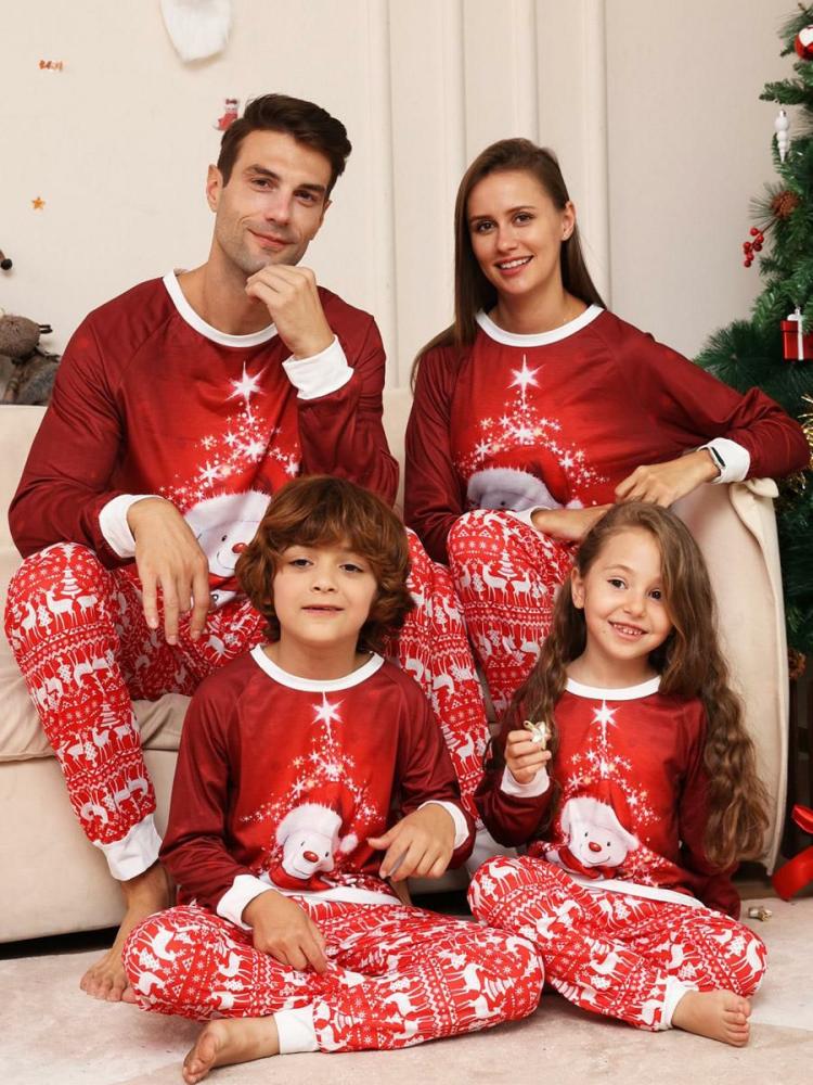 Home Wear |   Red Family Sweaters Round Neck Long Sleeves Snowman Pattern Pajamas Clothing Home Wear