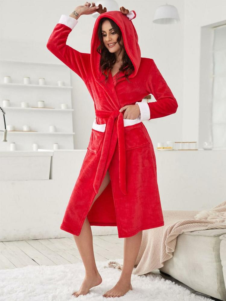 Home Wear |   Red Flannel Nightgown Hooded Belted Pockets Winter Home Wear Clothing Home Wear