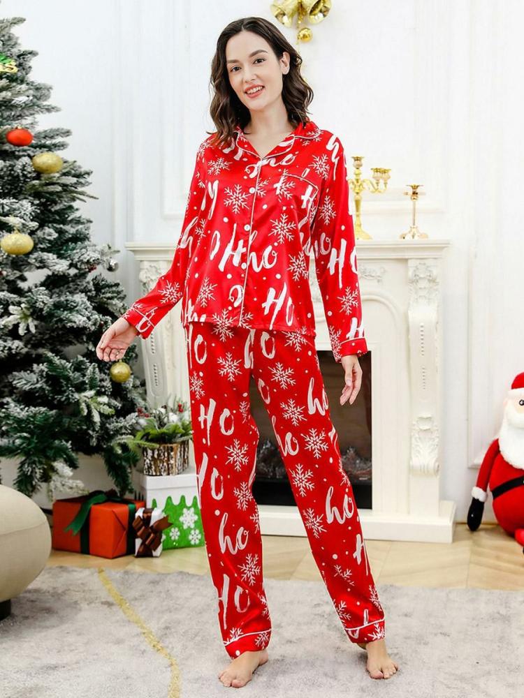 Home Wear |   Red Pajamas Set Snowflake Letters Long Sleeves Sleepwear Clothing Home Wear