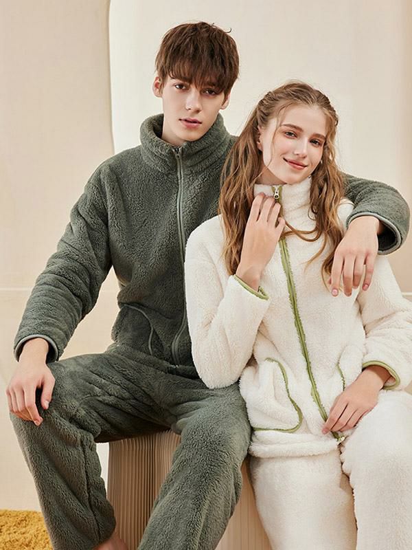 Home Wear |   Solid Color Couple Pajamas Stand Collar Zip Up Lounge Set For Winter Clothing Home Wear