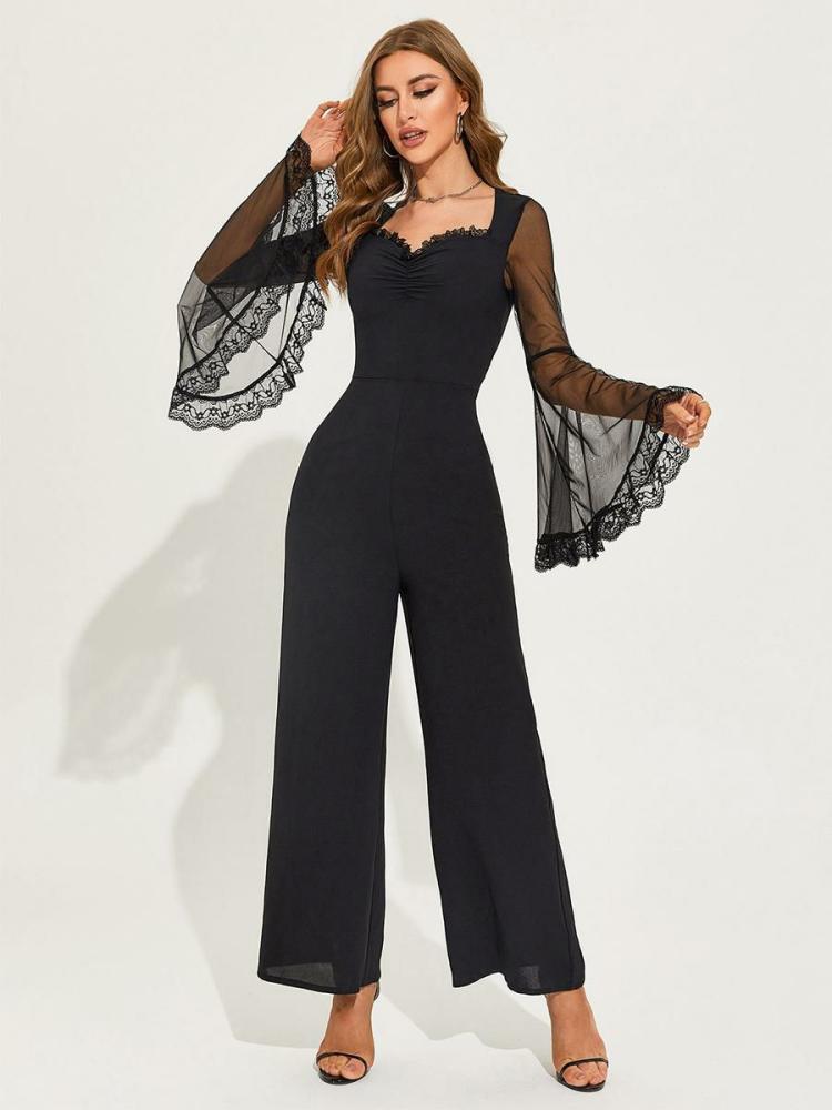 Jumpsuits |   Black Jumpsuit Gathering-Front Ilusion Bell Sleeves Daily Casual Romper Clothing Jumpsuits